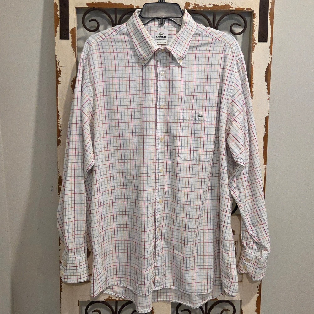 Lacoste Mens Multi Color Tattersall Check Button Down Shirt Size 45 White XL